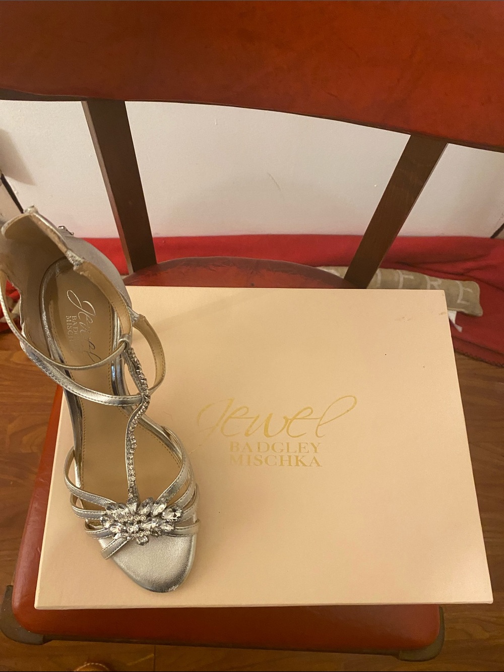 Badgley Mischka Silver Crystal T-Strap Evening Sandal